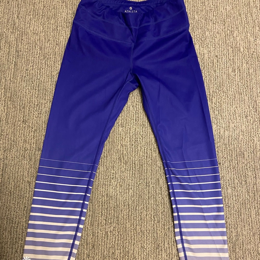Athleta XS Cropped Royal Blue Leggings with White Stripe Detail